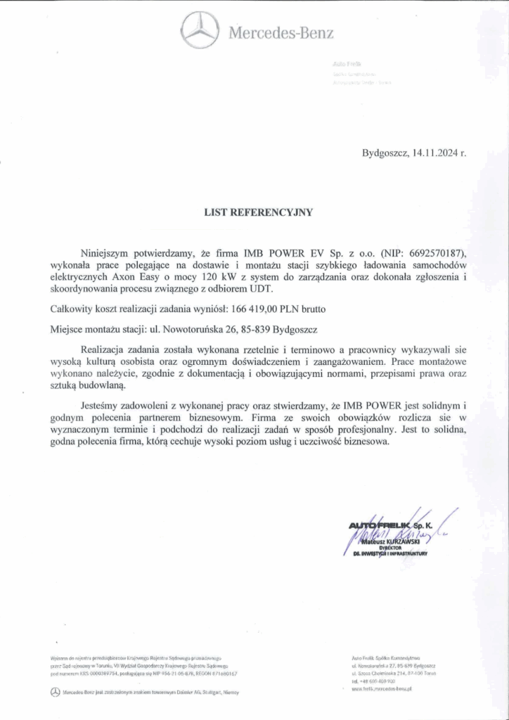 Referencje dla IMB POWER EV – dostawa i montaż szybkiej stacji ładowania Axon Easy 120 kW z odbiorem UDT, Mercedes-Benz Auto Frelik, Bydgoszcz 2024