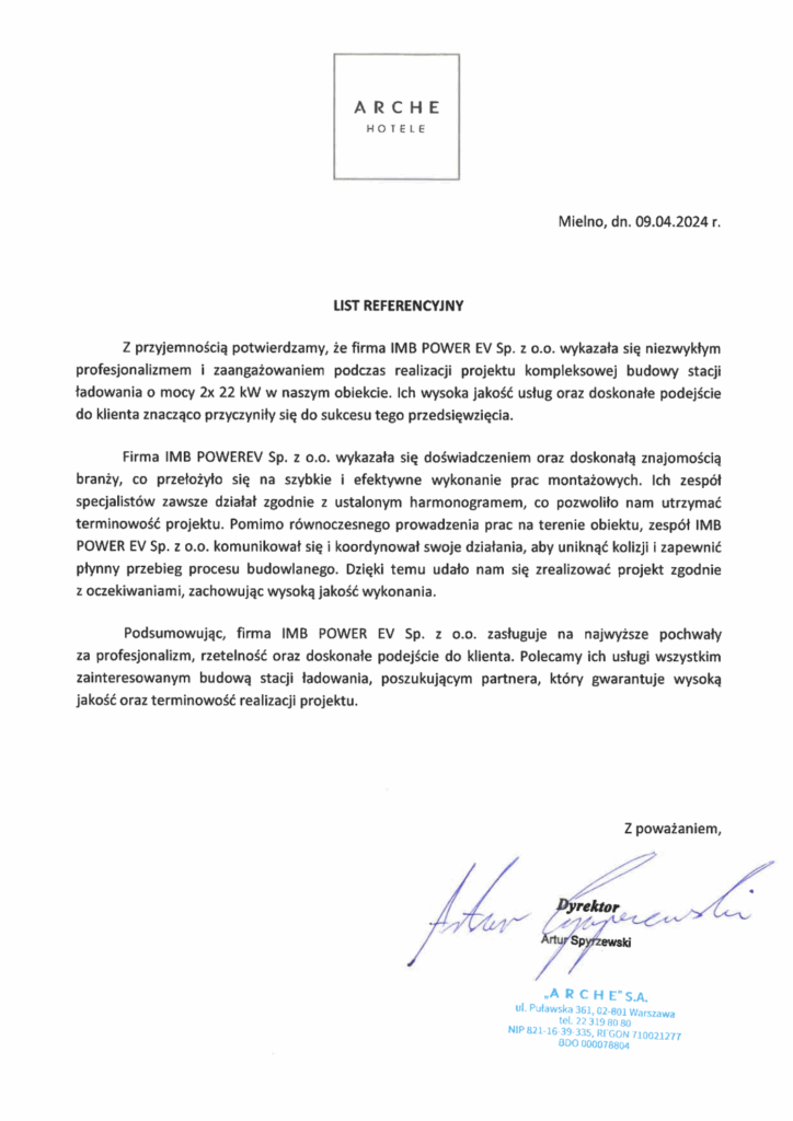 Referencje dla IMB POWER EV – budowa stacji ładowania samochodów elektrycznych 2x22 kW, Arche Hotele, Mielno 2024