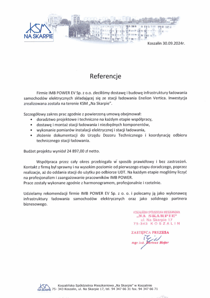 Referencje dla IMB POWER EV – dostawa i budowa infrastruktury ładowania samochodów elektrycznych Enelion Vertica, KSM Na Skarpie, Koszalin 2024