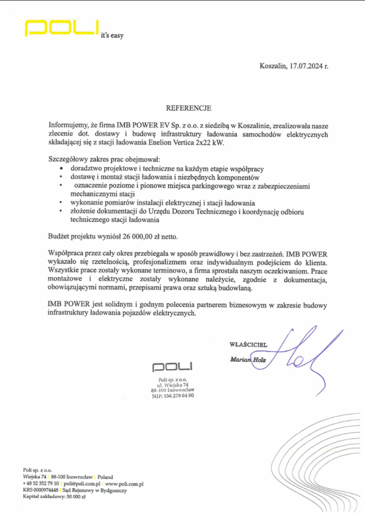 Referencje dla IMB POWER EV – budowa stacji ładowania samochodów elektrycznych Enelion Vertica 2x22 kW, firma POLI, Koszalin 2024