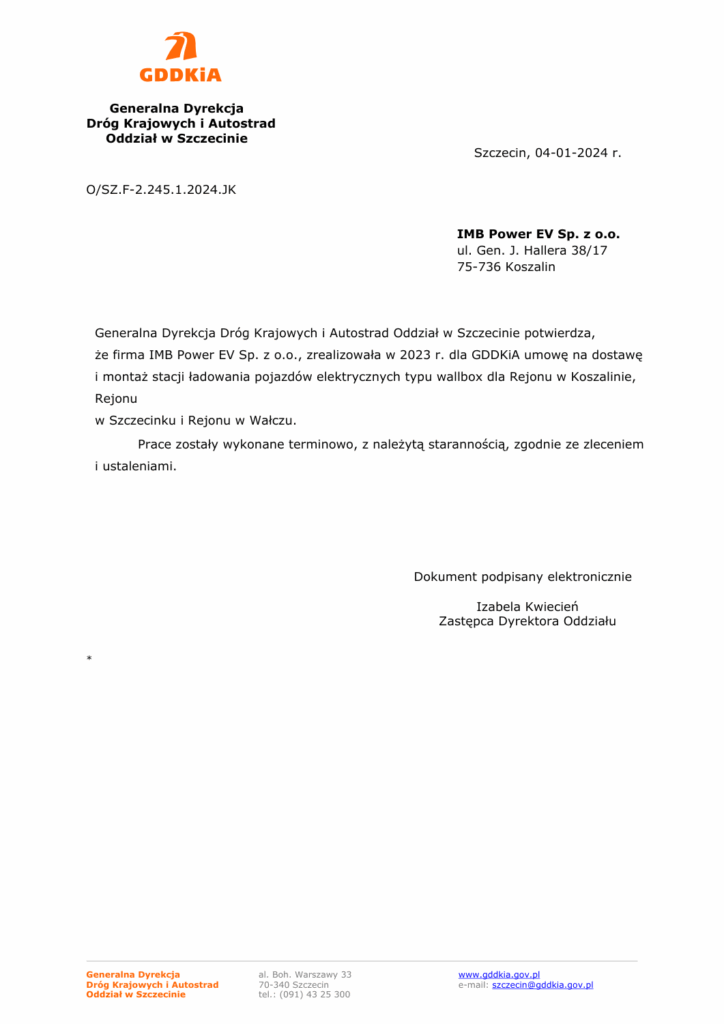 Referencje dla IMB POWER EV – dostawa i montaż stacji ładowania samochodów elektrycznych typu wallbox dla GDDKiA, Koszalin, Szczecinek i Wałcz, 2023