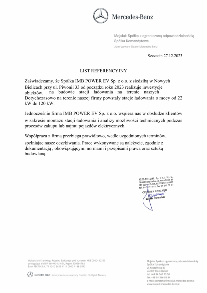Referencje dla IMB POWER EV – budowa stacji ładowania samochodów elektrycznych 22–120 kW oraz wsparcie techniczne dla Mercedes-Benz Mojsiuk, Szczecin 2023